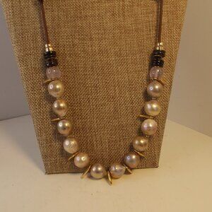 Baroque Pearl & Gold Tone Beaded Necklace on Leather Cord